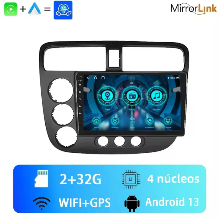 Radio De Coche Multimedia Android 13 9 Pulgadas Para Honda Civic 2002-2005 Doble Din Con Navegación GPS Carplay Y Android Auto Memoria ROM 64G RAM 2G - 1