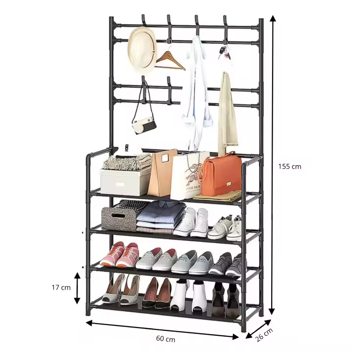 LUTODY - Perchero de Pie Soporte Resistente con Estante para Zapatos, Zapatero, Ganchos Auxiliar, Multifuncional para Ropa, Accesorios y más - Ideal para Salón, Dormitorio, Sala de Estar y Entrada - 1