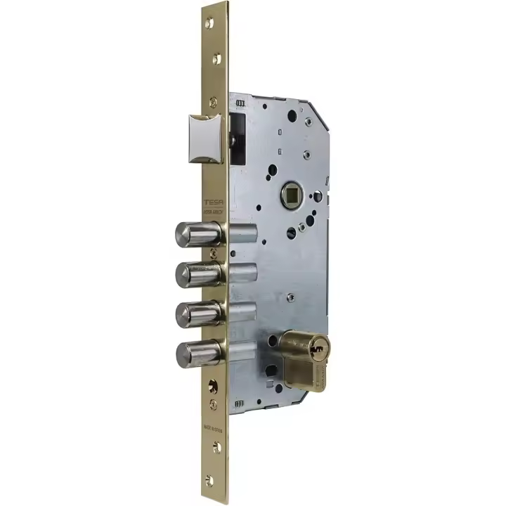 TESA CERRADURA SEGURIDAD MADERA EMBUTIR R200B ENTRADA 60MM 1 PUNTO ESCUDO E700L LATON PULIDO  Protege tu hogar con esta cerradura de seguridad de alta calidad. - 1