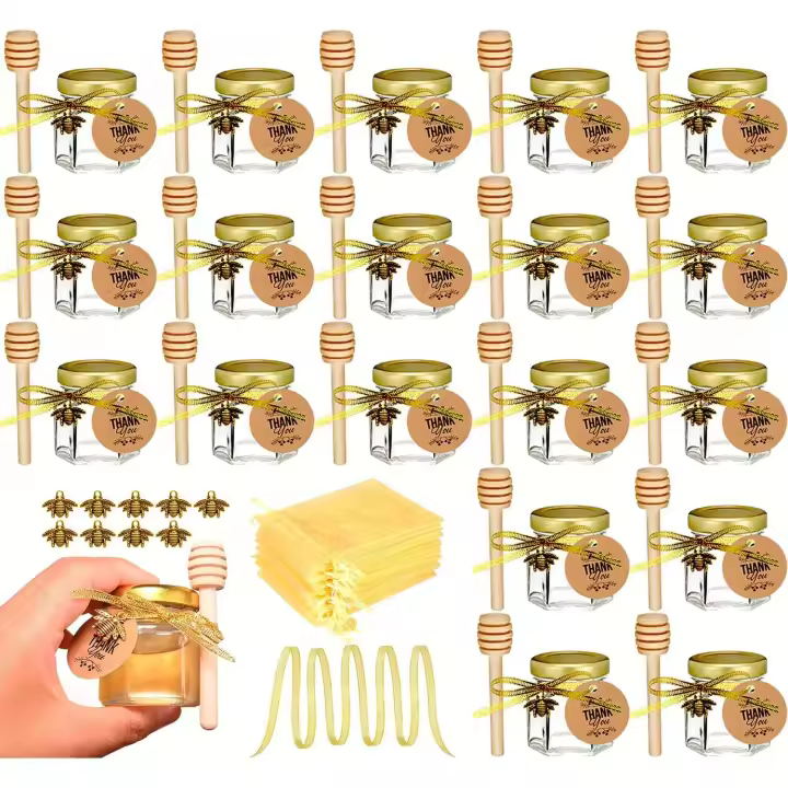 Paquete 20 mini frascos vidrio miel con cucharón, perfectos para baby showers y regalos boda, tapa dorada, colgantes abejas, - 1