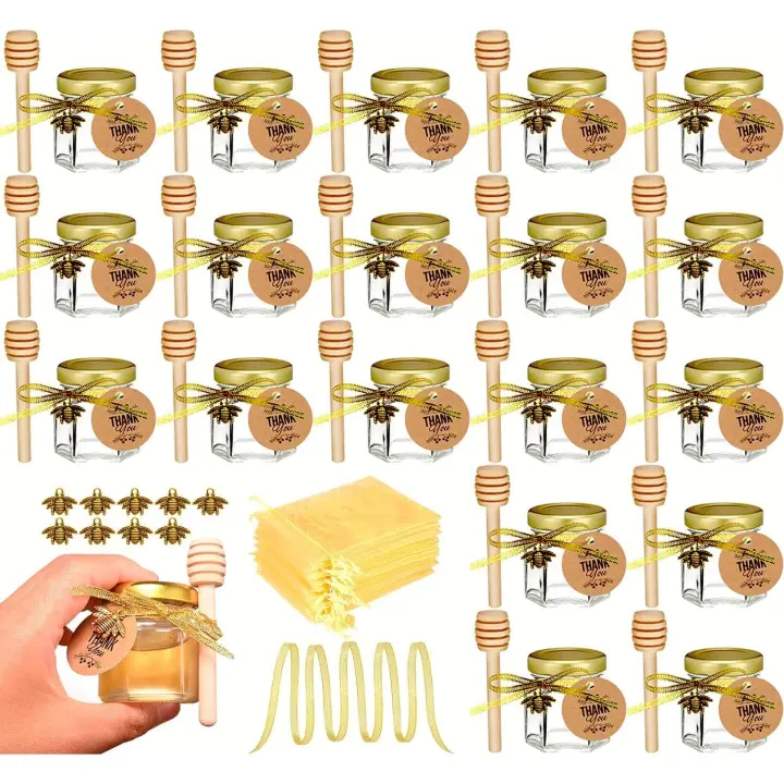 Paquete 20 mini frascos vidrio miel con cucharón, perfectos para baby showers y regalos boda, tapa dorada, colgantes abejas, - 1