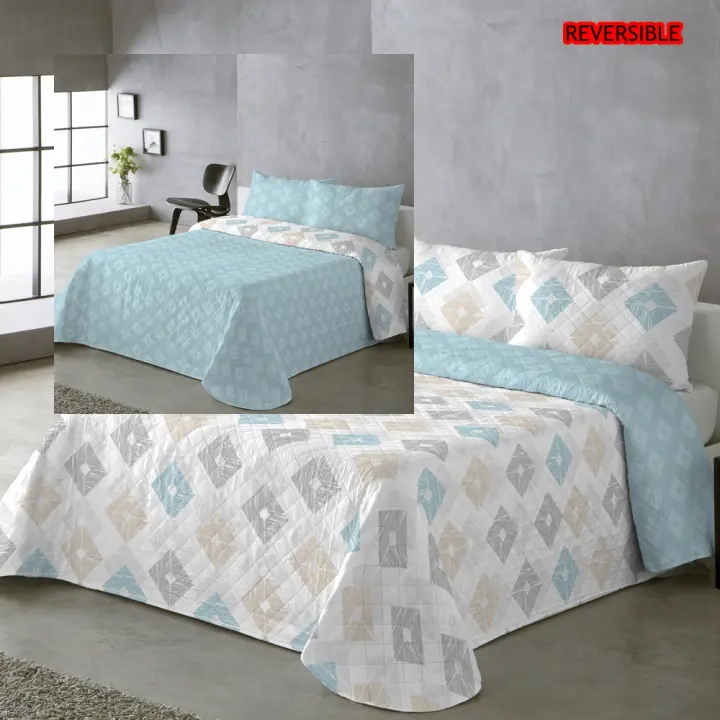 MODA TEXTIL Colcha Bouti Primavera Verano Reversible Color Azul Mod.Rombos Cama 90 ,105,135 y 150  Ligeras y Suaves Incluye fundas de cojín - 1