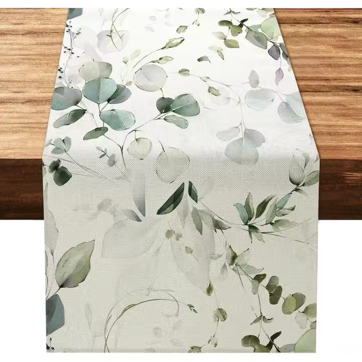 Camino de mesa con hojas de eucalipto verde, 33 x 180 cm, de arpillera, para decoración de mesa de comedor, hogar, boda, fiesta (32 x 180 cm) - 1