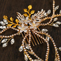 Diadema De Boda Lujo Con Flor Y Cadena Larga De Strass Dorado Y Plata Adorno De Cabello Para Mujer Joyería De Novia Cristal - details 5