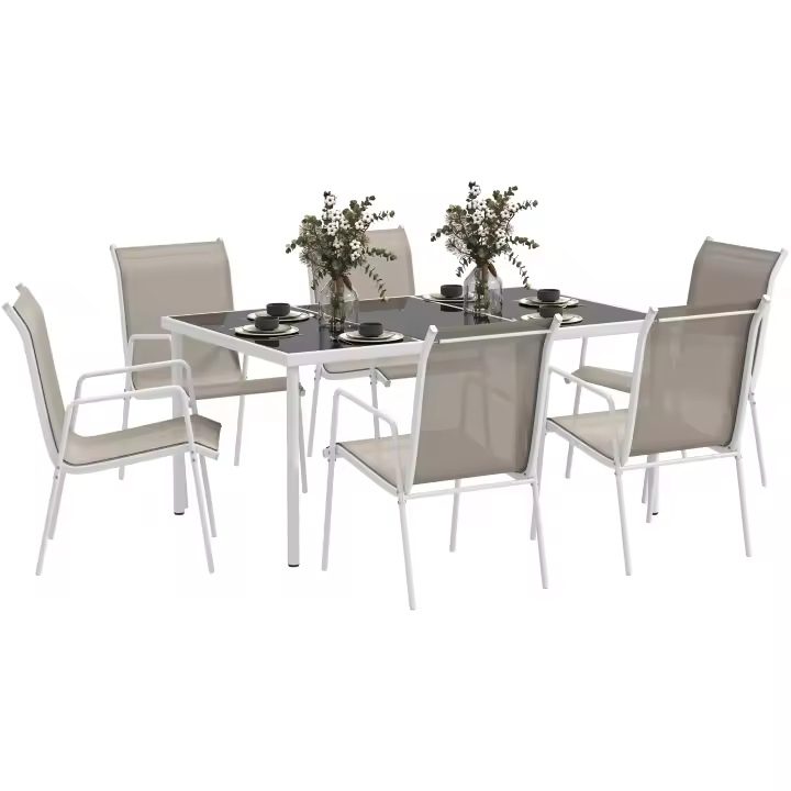 Outsunny Conjunto de Comedor de Exterior Juego de Comedor de Jardín de 7 Piezas con 1 Mesa 6 Sillas Apilables y Marco de Acero para Terraza Patio Blanco y Gris - 1
