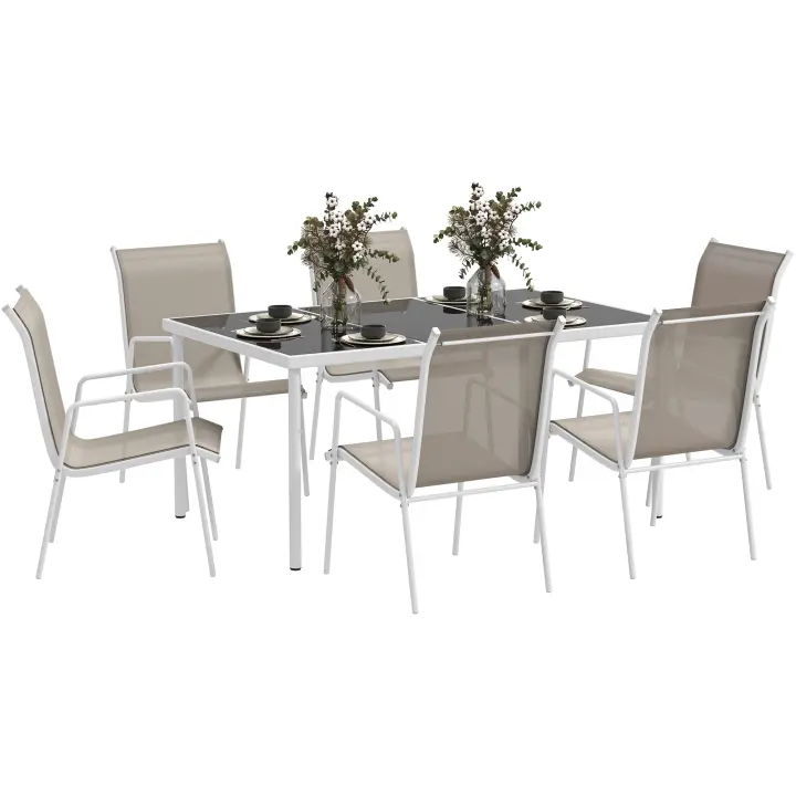 Outsunny Conjunto de Comedor de Exterior Juego de Comedor de Jardín de 7 Piezas con 1 Mesa 6 Sillas Apilables y Marco de Acero para Terraza Patio Blanco y Gris - 1