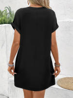 Vestido Corto De Color Sólido Con Cuello Redondo Cintura Ajustada Y Falda A-line Que Esculpe Y Oculta Las Imperfecciones. Hecho De Alta Elasticidad Y Poliéster Para Mujer. - details 4