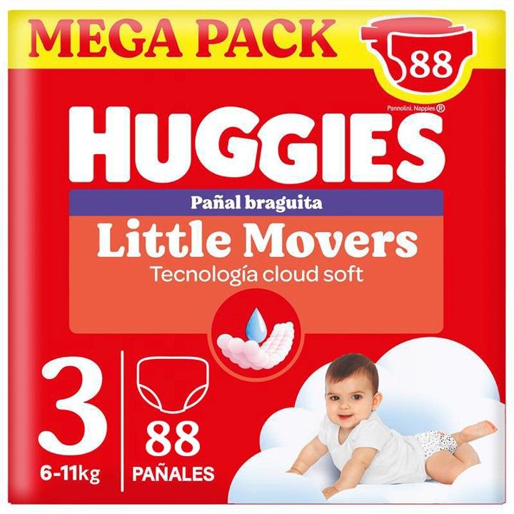 Huggies Little Movers Pants para Bebé, Tallas 3,4,5 y 6. Doble barrera Antifuga, Tecnología Quick dry, Indicador de humedad, Bebé seco hasta 12 horas, Cintura suave y Ajuste delicado a la barriguita, Comodidad para la piel 24/7, Diseños Disney.