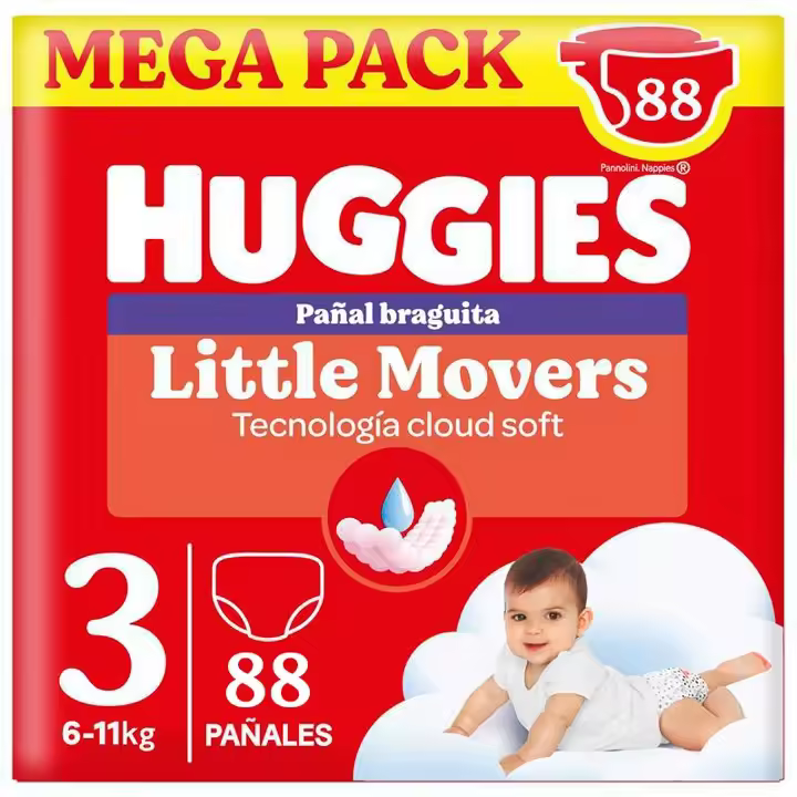 Huggies Little Movers Pants para Bebé, Tallas 3,4,5 y 6. Doble barrera Antifuga, Tecnología Quick dry, Indicador de humedad, Bebé seco hasta 12 horas, Cintura suave y Ajuste delicado a la barriguita, Comodidad para la piel 24/7, Diseños Disney. - 1
