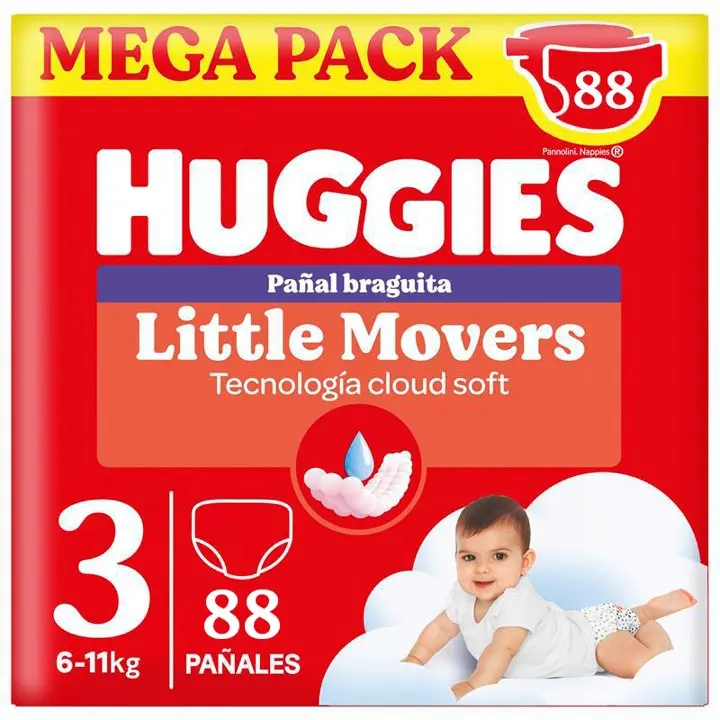 Huggies Little Movers Pants para Bebé, Tallas 3,4,5 y 6. Doble barrera Antifuga, Tecnología Quick dry, Indicador de humedad, Bebé seco hasta 12 horas, Cintura suave y Ajuste delicado a la barriguita, Comodidad para la piel 24/7, Diseños Disney. - 1