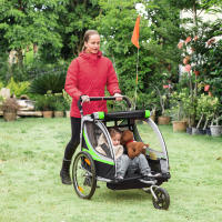 HOMCOM Remolque de Bicicleta para Niños +18 Meses 2 en 1 Cochecito de Paseo de 2 Plazas con Freno de Mano Cinturón de Seguridad Bandera y Reflectores 142x75x101 cm Verde - details 2