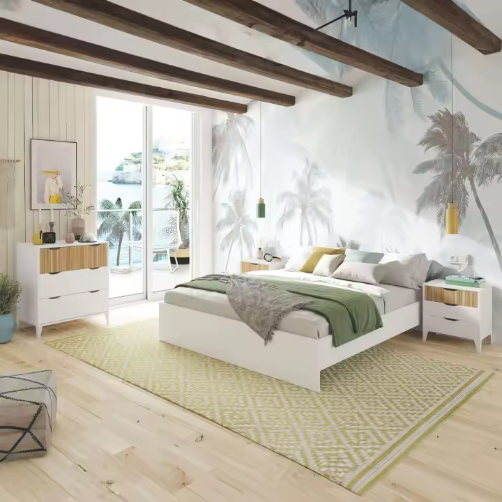 Pack Dormitorio Muebles Daylight Mesitas de Noche, Cómoda y Cama Queen Size Blanco Artik y Natur - 1