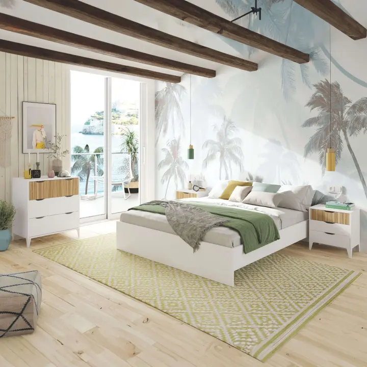 Pack Dormitorio Muebles Daylight Mesitas de Noche, Cómoda y Cama Queen Size Blanco Artik y Natur - 1