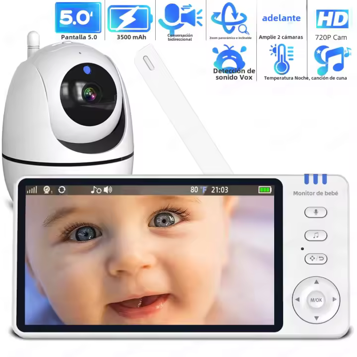 Monitor De Bebé Con Cámara De Vigilancia 720P 5 Pulgadas Pantalla Tamaño Video Intercomunicador De Dos Vías Visión Nocturna Automática Pánico Tilt Zoom - 1