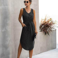 Vestido Midi Sin Mangas Para Mujer Casual Verano Algodón Sólido V-Neck Ajustable Estilo Casual Longitud Media Pierna - details 3