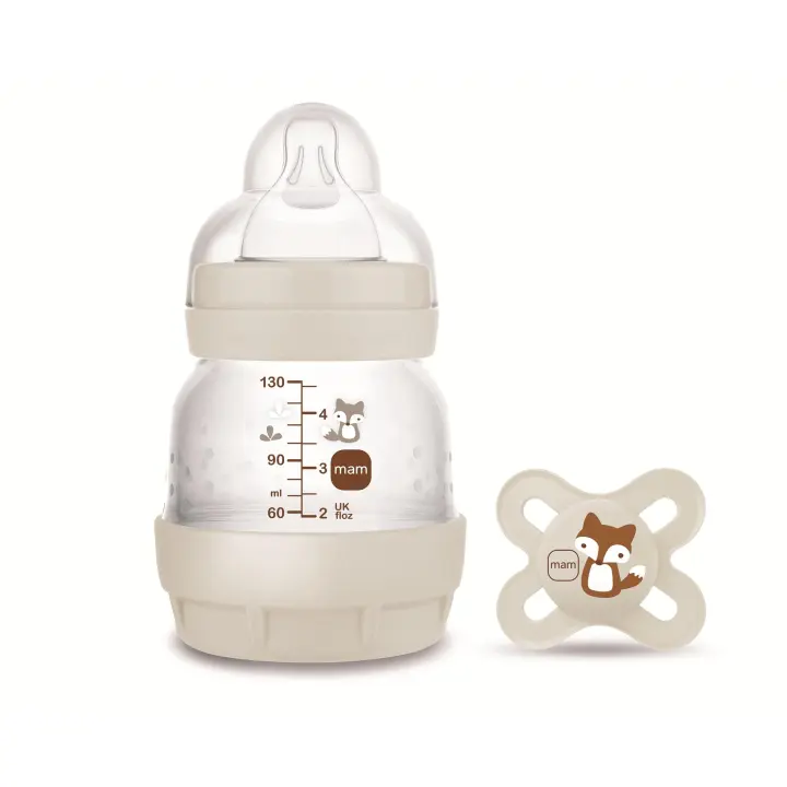 MAM Set Recién Nacido de Biberón Anticólicos, 0-2 Meses, 130ml, con Tetina 0 Flujo Extra Lento, Autoesterilizable y Fácil de Limpiar, Easy Start Anti-Colic y Chupete Recién Nacido de Silicona, Color Beige Neutro - 1