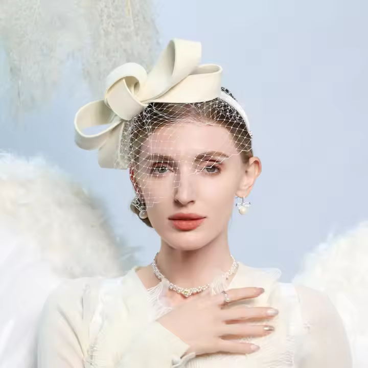 Fascinador De Lana Blanca Para Mujer Con Velo Y Lazo Elegante Para Bodas Y Fiesta De Té Cumpleaños Y Corrida Sombrero De Church Derby - 1