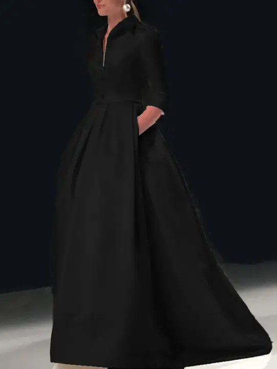 Vestido Largo Elegante Para Mujer Con Cuello En V Botones Bolsillos A-Line Satén Vestido De Boda Invitado Cóctel Con Cinturón Manga Corta Estilo Vintage - 1