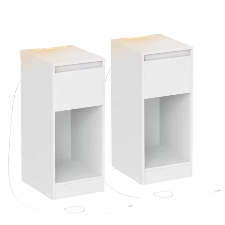 ORION91oficial® - PACK x 2 | Mesitas de Noche Estrecha | Regleta de Enchufe | Estación d Carga | Mesa Auxiliar | Iluminación LED | 1 Puerto USB-A | 1 Puerto USB-C | Cajón | Compartimento | Habitación | Dormitorio | Salón | Color Blanco Nube - spaziORION91