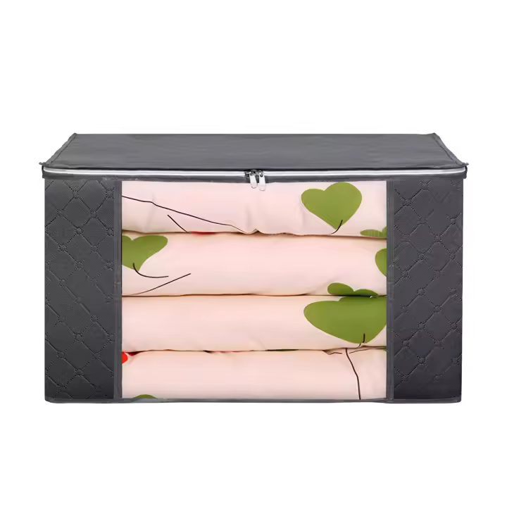 Pack of Three Folding Storage Boxes, with Transparent Window, Set of 3 Baskets with 2 Handles, Zipper Lid Bag for Clothes, Non-woven Organizer Chest, Bedroom, 90L - 1