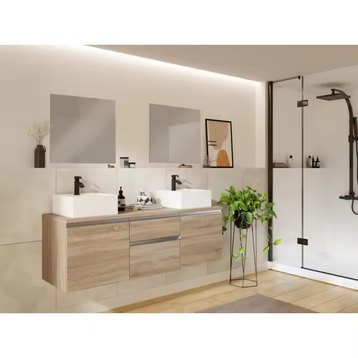 Vente-unique - Mueble de baño suspendido con doble lavabo y espejos - Natural claro - 150 cm - JIMENA II - 1