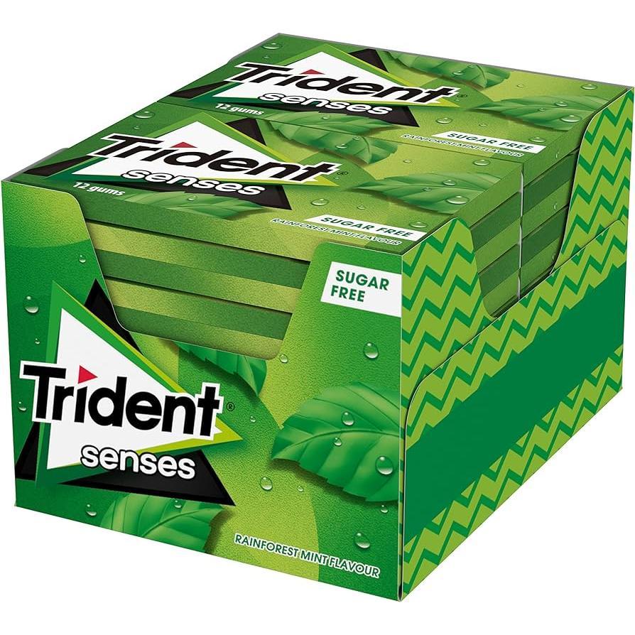 Trident Senses Rainforest Mint - Chicles sin Azúcar con Sabor a HIERBABUENA - Pack de 12 Unidades