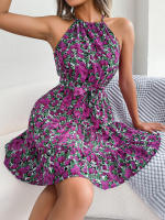 Vestido De Verano Casual Para Mujer Con Estampado Floral Y Volantes Estilo Halter Largo Mini Polyester Slim Fit Y Flare - details 5