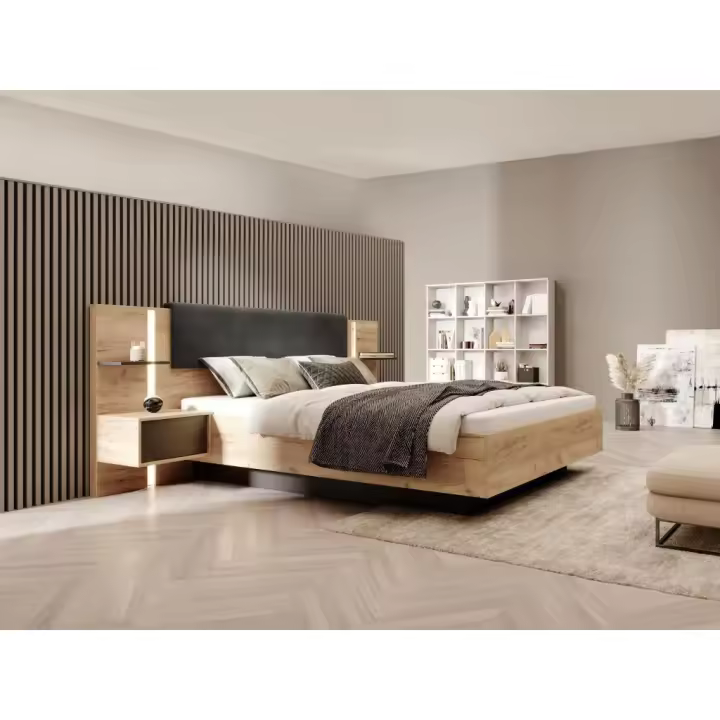 Vente-unique - Cama con mesitas de noche 140 x 190 cm - Con LEDs - Color: Natural y antracita - ELYNIA - 1