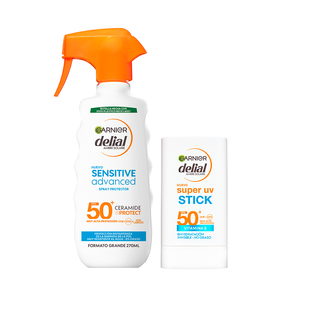 GARNIER Delial Spray Protector. Muy alta protección contra los rayos UVB, UVA, y UVA largos+Stick con FPS50+ protege la piel de los daños UV diarios y ofrece 8H de hidratación. Enriquecido con manteca de karité y vitamina E.