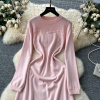 Vestido Rosa Francés De Estilo Simple Para Damas Con Cuello En V Manga Larga Sólido Suave Ajustado Casual De Otoño Vestido Largo De Hogar - details 15