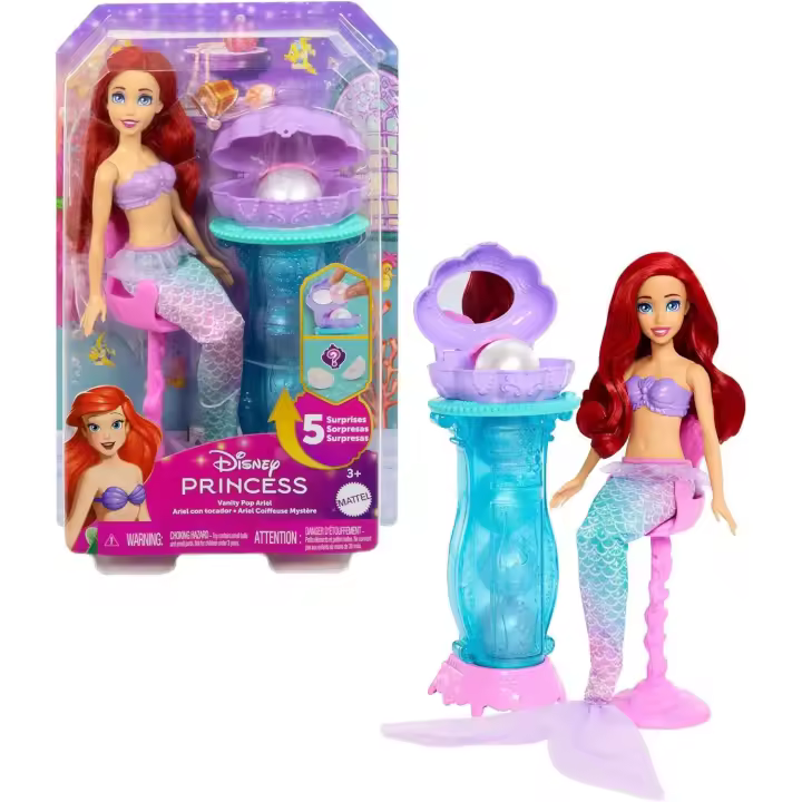 Mattel Disney Princesas Ariel con tocador desplegable Muñeca de moda de sirena con cola extraíble y tocador con cinco sorpresas repetibles y cinco accesorios (JBF86) - 1