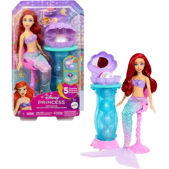 Mattel Disney Princesas Ariel con tocador desplegable Muñeca de moda de sirena con cola extraíble y tocador con cinco sorpresas repetibles y cinco accesorios (JBF86) - 1