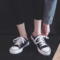 Zapatillas Planas De Lona Para Mujer Media Caña Con Cordones Moda Otoño Negro Blanco Suela Baja Punta Redonda Zapatos Casuales - details 1