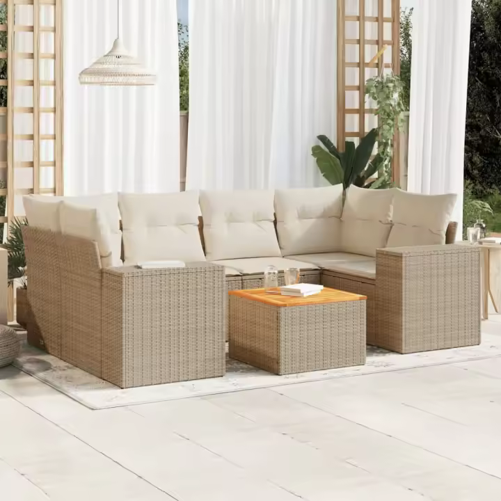 vidaXL Set sofás de jardín 7 piezas y cojines ratán sintético beige - 1