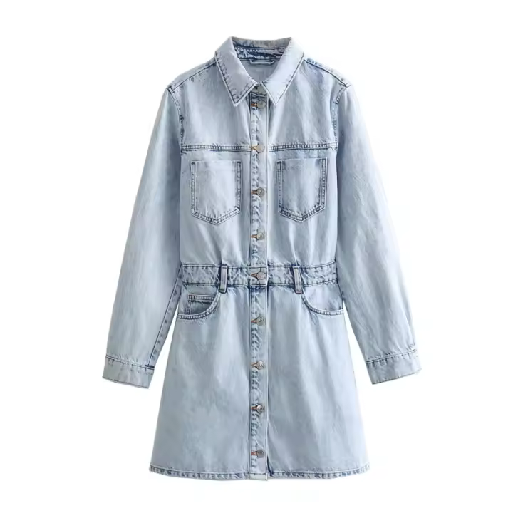 Mini vestido vaquero para mujer Zach Ailsa primavera 2024 estilo de moda cuello plegable manga larga con decoración de bolsillos - 1