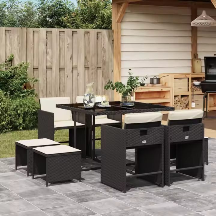 vidaXL Set de comedor de jardín 9 pzas y cojines ratán sintético negro - 1