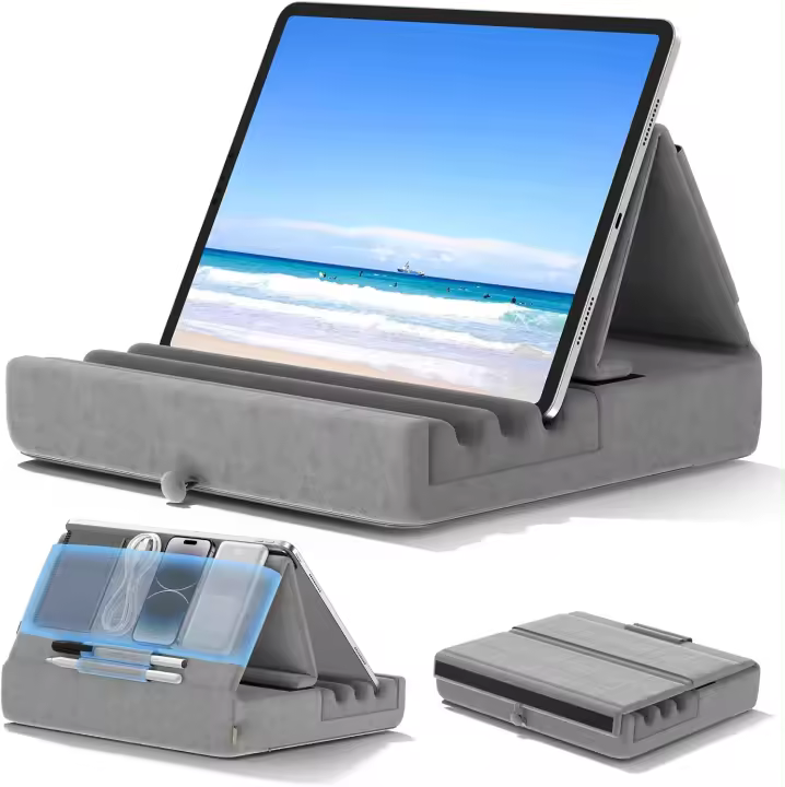 KDD Soporte de Almohada para Tablet, Soporte iPad Plegable para Cama, Regazo, Mesa - Reposa Tablet con Bolsillo y Soporte para Lápiz, para iPad Pro 12.9 10.5 9.7 Air Mini 6 5 4 3 E-Reader Gris - 1