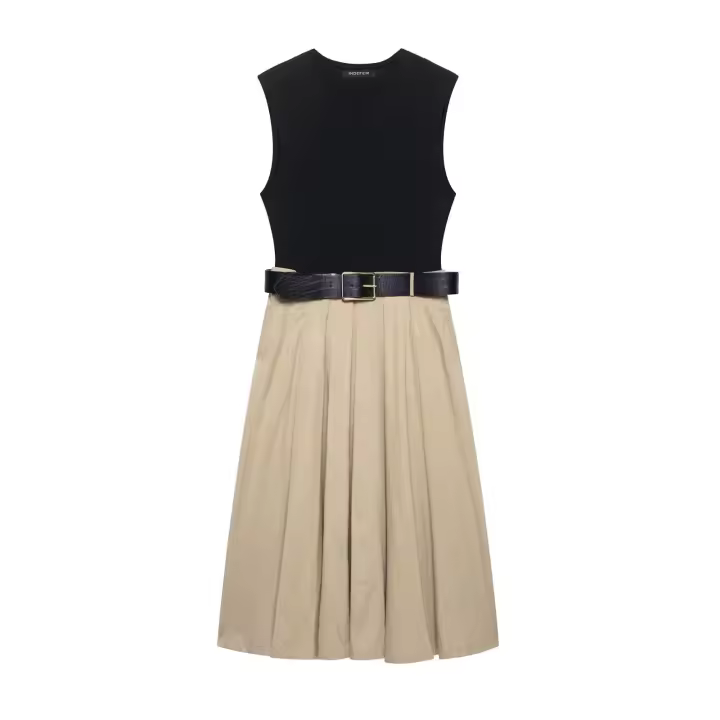 Vestido Largo Patchwork De Moda Para Mujer TRAFZA Verano Casual Cuello Redondo Sin Mangas Pleated Con Cinturón Elegante Vestidos - 1