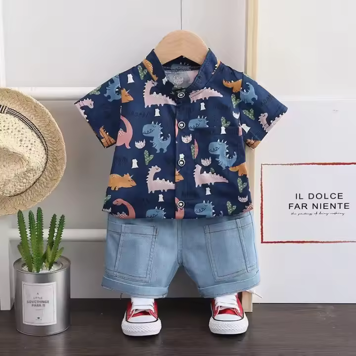 Conjunto De Ropa Infantil Para Niños Primavera Verano Camisa Corta Con Estampado De Dinosaurio Y Jeans Moda Bebé 2 Piezas Talla Adecuada Para Niños De 0 a 6 Años - 1