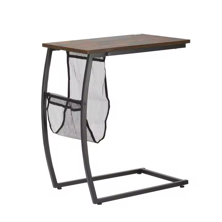 HOMCOM Mesa Auxiliar para Sofá y Cama en Forma de C con Bolsillo de Almacenaje Mesa Lateral de Estilo Industrial para Salón 53x35x64,5 cm Marrón Rústico - 1