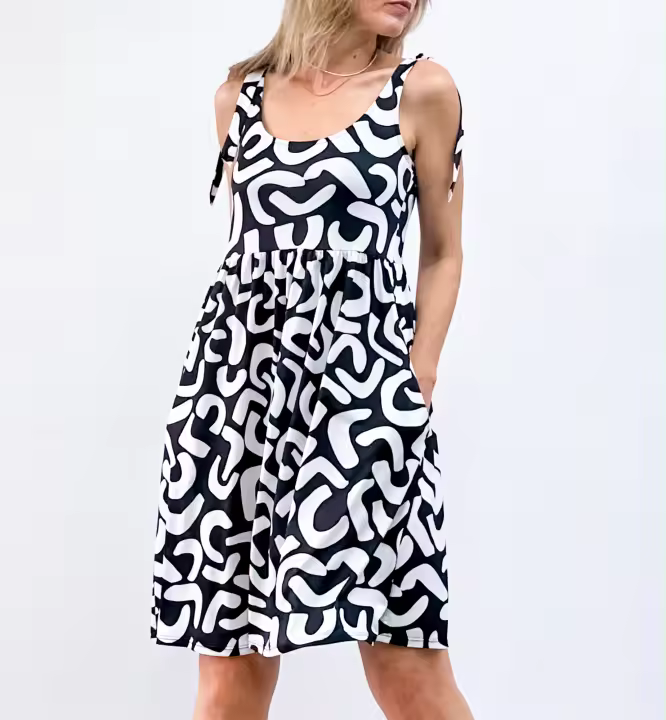 Vestido Victoria Moreno de punto de seda, estampado blanco y negro, tirantes con S - 1
