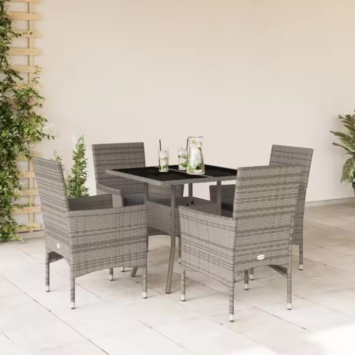 vidaXL Set comedor jardín 5 pzas y cojines ratán sintético vidrio gris - 1