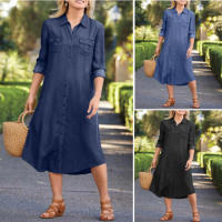 Vestido De Denim Vintage De Verano 2024 Para Mujer Estilo Callejero Elegante Con Bolsillos Y Cuello Volteado De Medio Tamaño - details 1