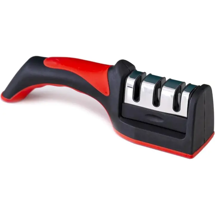 Afilador de cuchillos de cocina de 3 etapas, herramienta de Cocina multiusos de Mano para el hogar, de Tres USOS, de Piedra de afilar Negra y Roja, 8,27 pulgadas, color Rojo - 1