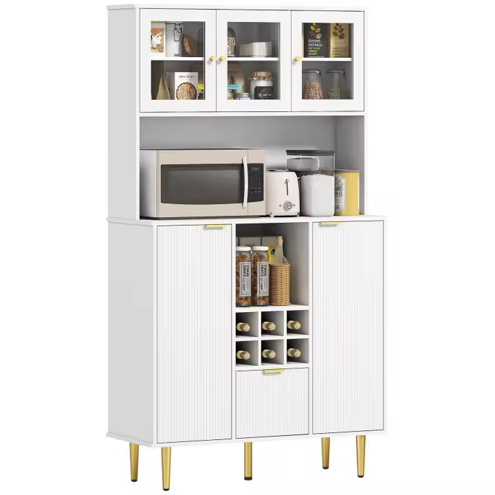 HOMCOM Alacena de Cocina Mueble Auxiliar de Cocina Aparador Alto con 3 Puertas de Vidrio Botellero Cajón Estantes Ajustables y Compartimentos Abiertos 100x40x180 cm Blanco - 1