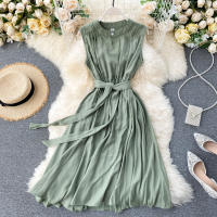 Vestido De Mujer YuooMuoo Estilo Coreano Verano 2025 Casual Sólido Sin Mangas Cinta Bandage Negro Vintage Elegante Vestido Midi O-Neck - details 2