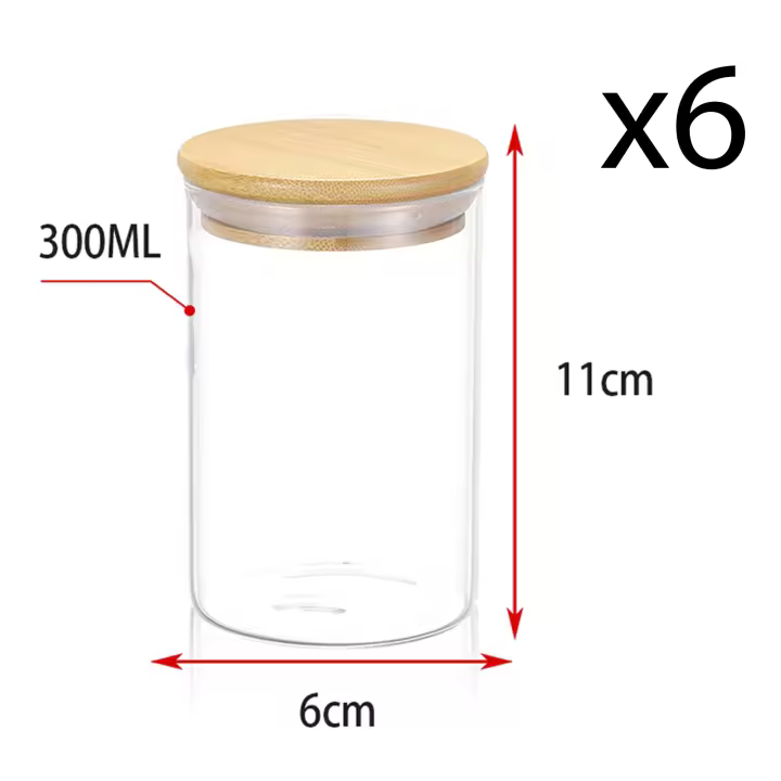 Set de 6 Tarros de Almacenamiento de Vidrio de Borosilicato con Tapa de Bambú y Sello de Silicona - Disponibles en 6 Tamaños (300ML, 380ML, 480ML, 580ML, 750ML, 1000ML) - 1
