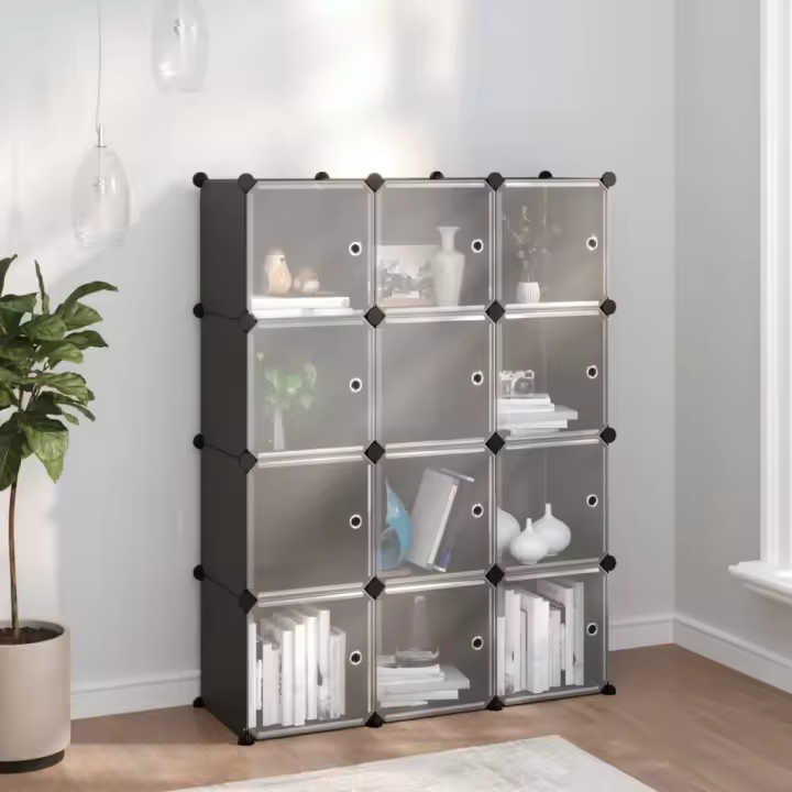 vidaXL Estantería de cubos con 12 compartimentos y puertas PP negro - 1