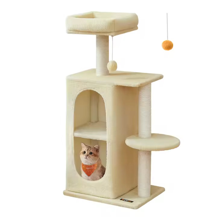 Feandrea Árbol para Gatos con 2 Cuevas, Rascador, para Casas con Varios Gatos, Gatitos, Gris Claro/Beige Arena - 1