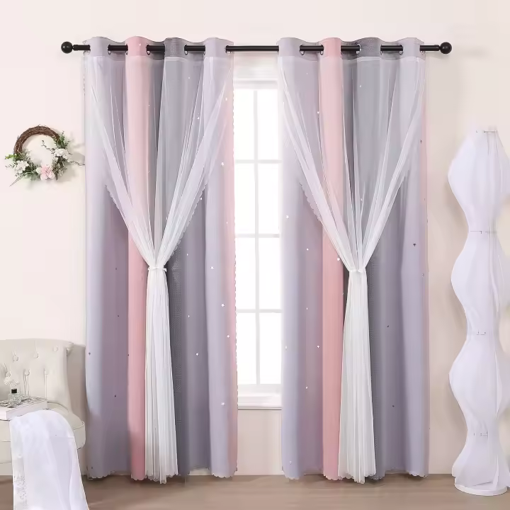 Cortinas Decorativas Perforadas En Gradient Gris Y Rosa Con Estrellas Para Dormitorio De Niñas Sala De Estar Semi-Blackout - 1